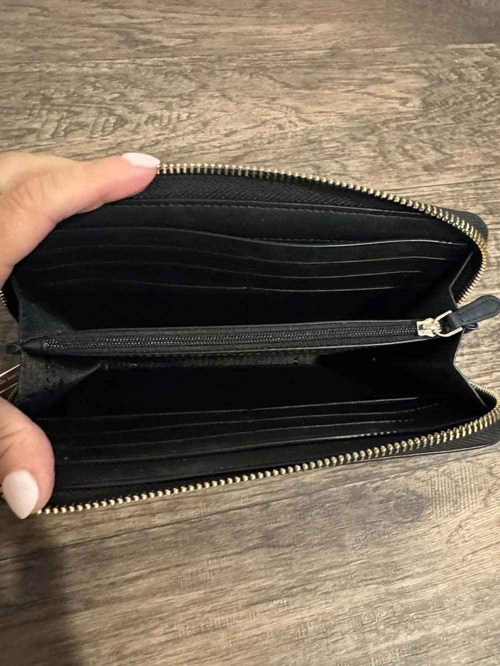kate spade Black Pebbled Leather Zip Wallet with Gold Logo
